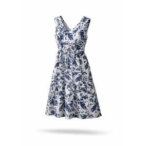 Magaschoni Linen Midi Dress 8 V-Neck White Blue Floral Sleeveless Weekend Party